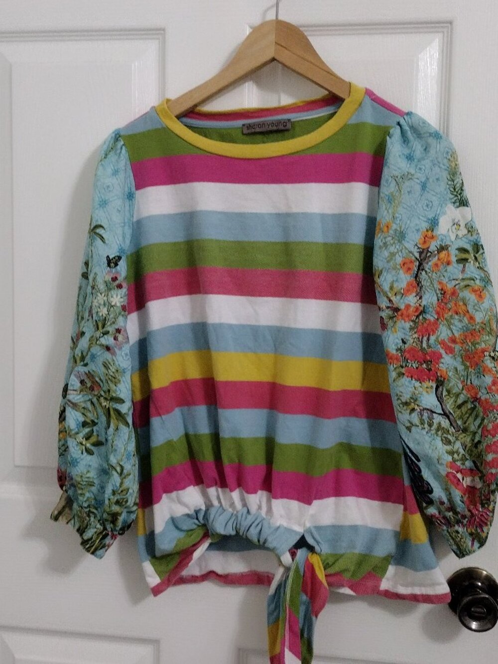 Sharon Young Colorful Stripe Floral Sleeve Tie Front Top Women’s L/XL Boho - Picture 3 of 8
